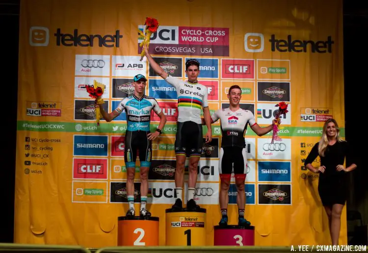 The 2016 CrossVegas World Cup, Elite Men's podium. L to R: Vanthourenhout, van Aert and Sweeck. © A. Yee / Cyclocross Magazine