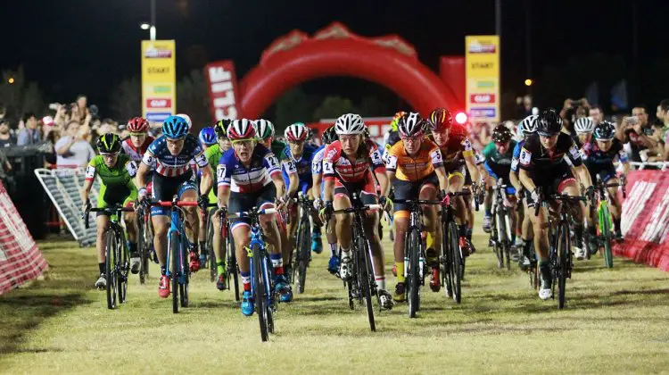 Elite women's start. Mani explodes off the line to lead into the first corner. Cross Vegas 2016. © Cathy Fegan-Kim / Cyclocross Magazine