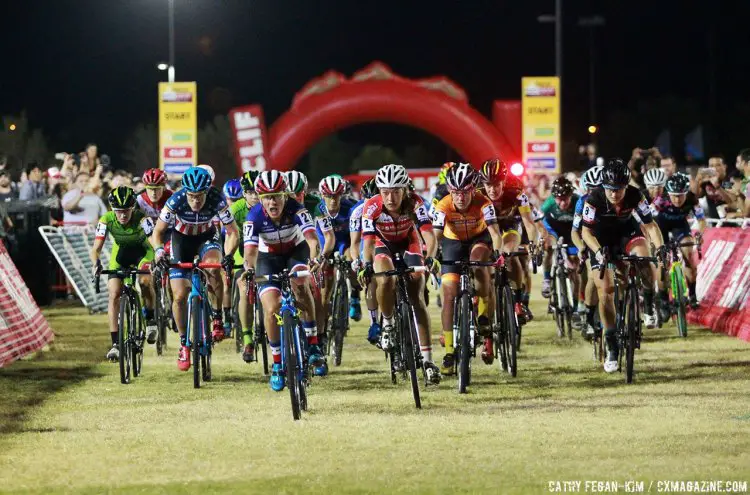 Elite women's start. Mani explodes off the line to lead into the first corner. Cross Vegas 2016. © Cathy Fegan-Kim / Cyclocross Magazine