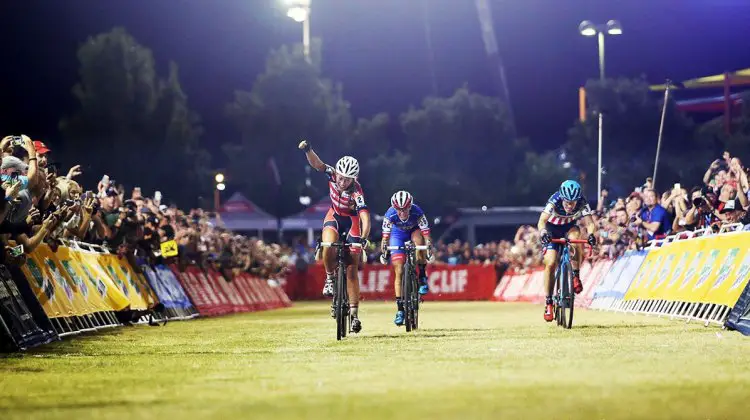 Sophie de Boer hit the last turn first to outsprint Katerina Nash and Katie Compton to win 2016 CrossVegas World Cup. © Catherine Fegan-Kim / Cyclocross Magazine
