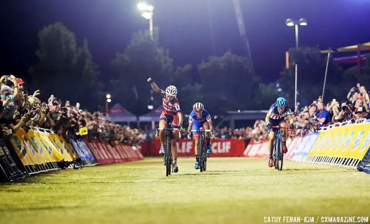 Sophie de Boer hit the last turn first to outsprint Katerina Nash and Katie Compton to win 2016 CrossVegas World Cup. © Catherine Fegan-Kim / Cyclocross Magazine