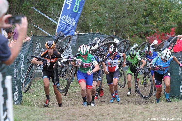 The first time up Mt. Krumpit, and it's a foot race to make it to the downhill in front. 2016 Jingle Cross Day 3 UCI C1, Elite Women. © D. Mable / Cyclocross Magazine