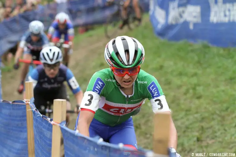 Lechner leads the first time down Mt. Krumpit. 2016 Jingle Cross Day 3 UCI C1, Elite Women. © D. Mable / Cyclocross Magazine