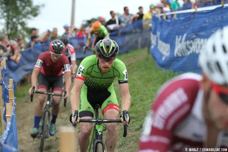 Hyde leading Ortenblad as part of the lead group midway through the race. 2016 Jingle Cross UCI C1, Day 3, Elite Men. © D. Mable / Cyclocross Magazine