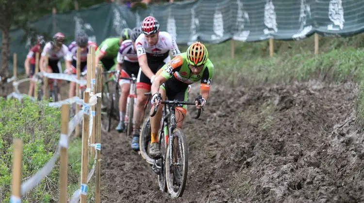 The entire lead group could ride the difficult off-camber after the finishg line. 2016 Jingle Cross UCI C1, Day 3, Elite Men. © D. Mable / Cyclocross Magazine