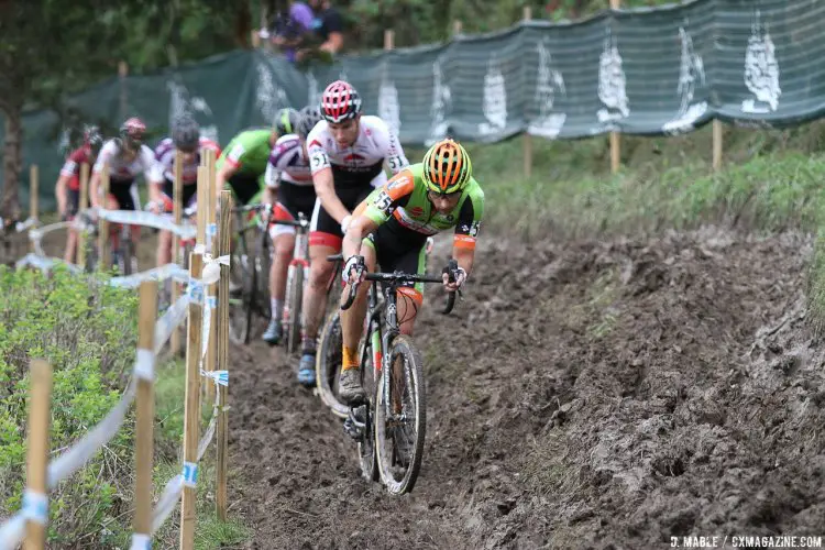 The entire lead group could ride the difficult off-camber after the finishg line. 2016 Jingle Cross UCI C1, Day 3, Elite Men. © D. Mable / Cyclocross Magazine