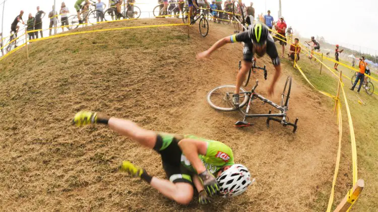 Some racers had difficulty navigating the tricky course resulting in some excitement for the cheering crowd. © Geoffrey Crofoot