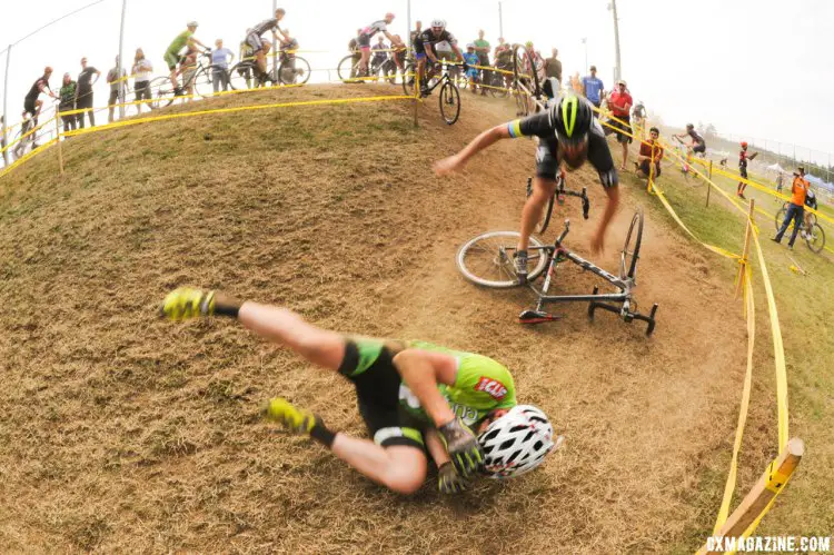 Some racers had difficulty navigating the tricky course resulting in some excitement for the cheering crowd. Riders had to navigate the bumpy pothole-filled course at stop #2 of the MFG Cyclocross Series. © Geoffrey Crofoot