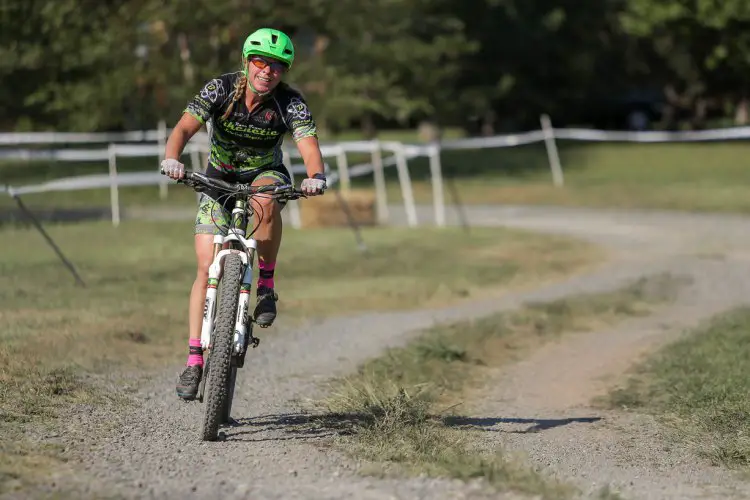 Cara Schultz en route to the top spot in the women’s mountain bike race. Photo: Bruce Buckley.