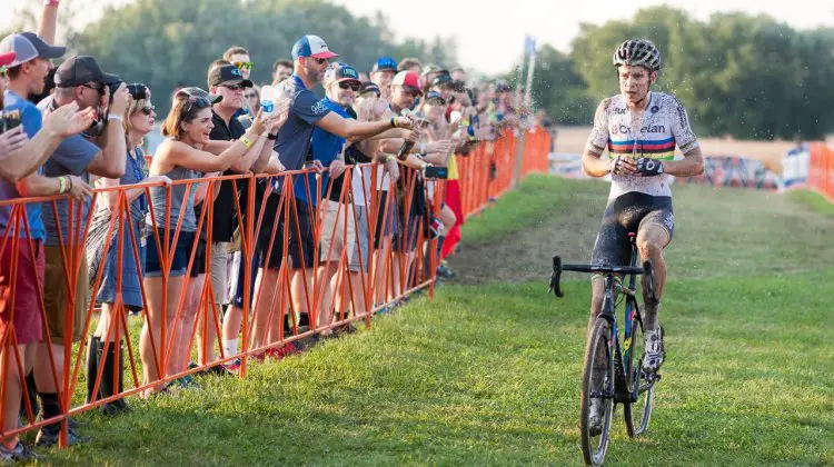 Van Aert wins his second World Cup of the season in Iowa City, but is greeted by an unwelcomed shower. 2016 Jingle Cross Day 1, Elite Men. © A. Yee / Cyclocross Magazine