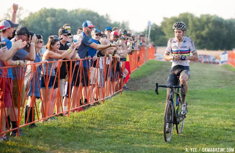 Van Aert wins his second World Cup of the season in Iowa City, but is greeted by an unwelcomed shower. 2016 Jingle Cross Day 1, Elite Men. © A. Yee / Cyclocross Magazine