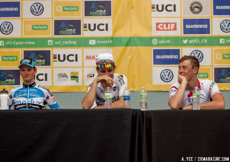 The three top racers, all Belgians, share a funny moment at the press conference. 2016 Jingle Cross Day 1, Elite Men. © A. Yee / Cyclocross Magazine