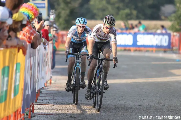 Van Aert nursing his broken toe, towing Kevin Pauwels. 2016 Jingle Cross World Cup, Elite Men. © D. Mable / Cyclocross Magazine