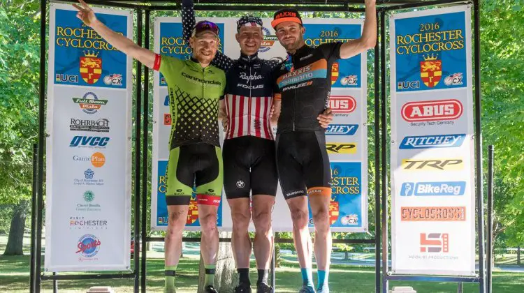 Hyde, Powers and Summerhill took the podium on Day 2. Rochester Cyclocross 2016, Day 2, Elite Men. © Lee Barber