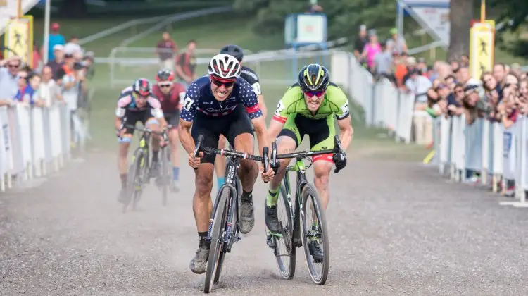 Jeremy Powers outkicks Stephen Hyde for a rare C2 race win after skipping most C2s the last two years. Rochester Cyclocross 2016, Day 2, Elite Men. © Lee Barber