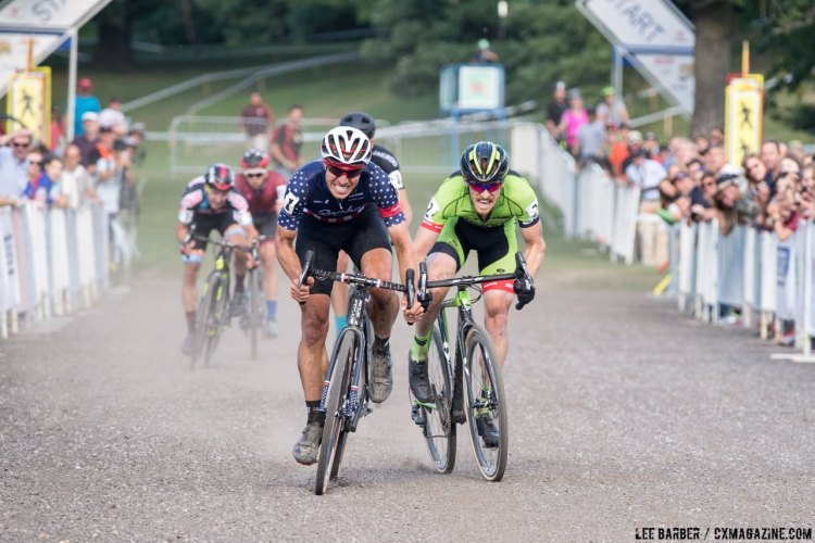 Jeremy Powers outkicks Stephen Hyde for a rare C2 race win after skipping most C2s the last two years. Rochester Cyclocross 2016, Day 2, Elite Men. © Lee Barber