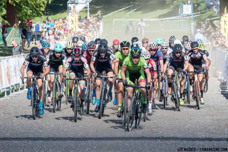 Stephen Hyde leads teammate Curtis White and the big men's field at Rochester Cyclocross 2016, Day 2, Elite Men. © Lee Barber