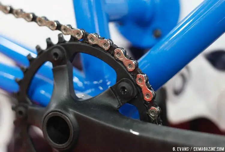 The additional chamfering on the new KMC X11 chain offers more clearance for the larger teeth on narrow/wide chainrings. © Cyclocross Magazine