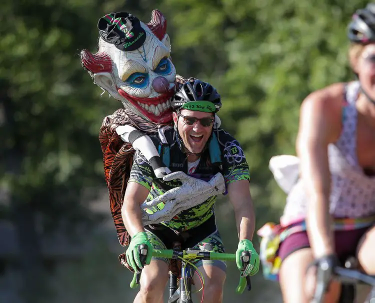 Race director, Phil Troutman and Funzie the clown, in the “Anything Goes” race. Photo: Bruce Buckley.