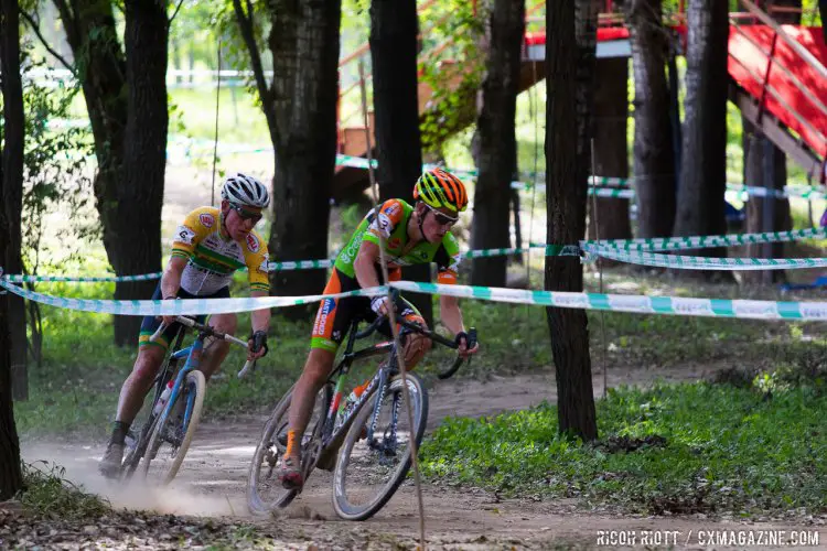 Marco Bianco (Team Cerone, Italy) follows Jens Adams (Crelan-Vastgoedservice, Belgium) towards the end of a lap