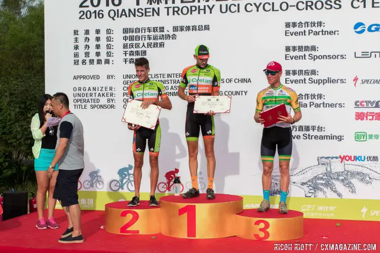 Qiansen Trophy 2016, Yanqing Station Men's Podium. 1. Rob Peeters (Crelan-vastgoedservice, Belgium) 2.Jens Adams (Crelan-vastgoedservice, Belgium) 3. Chris Jongewaard (JBlood Adventures, Australia). Qiansen Trophy Race #1, China. © R. Riott / Cyclocross Magazine