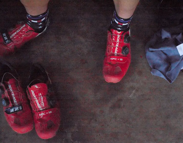 Compton's new red Bontrager shoes. 