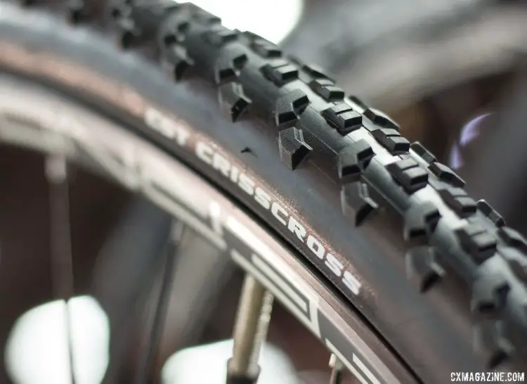 The CST Criss Cross 32c tire is a value-oriented wire bead cyclocross tire with a versatile, all-conditions tread. CST cyclocross and gravel tires. Interbike 2016 © Cyclocross Magazine