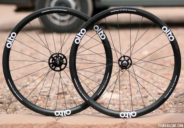 Alto Cycling's new CTX40 carbon tubular wheels are 40mm deep, feature the company's proprietary RSYM large drive-side flange, and swappable axles for different dropout settings. Interbike 2016 © Cyclocross Magazine