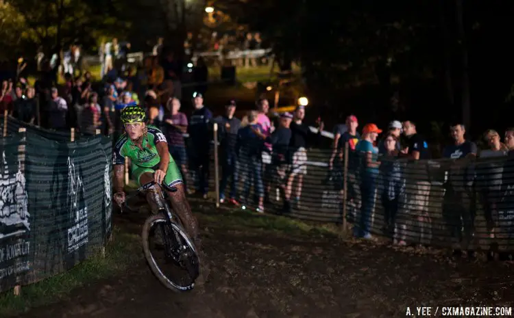 The downhill was slick and trecherous, as U23 Ashley Zoerner found out. 2016 Jingle Cross Day 1 Night Race - Elite Women. © A. Yee / Cyclocross Magazine