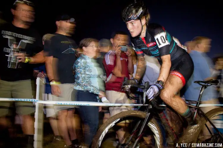 Elle Anderson pulling back Wyman but it was too late. 2016 Jingle Cross Day 1 Night Race - Elite Women. © A. Yee / Cyclocross Magazine