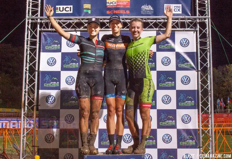 2016 Jingle Cross Day 1 Night Race - Elite Women's Podium. L to R: Elle Anderson, Helen Wyman, Emma White. © A. Yee / Cyclocross Magazine