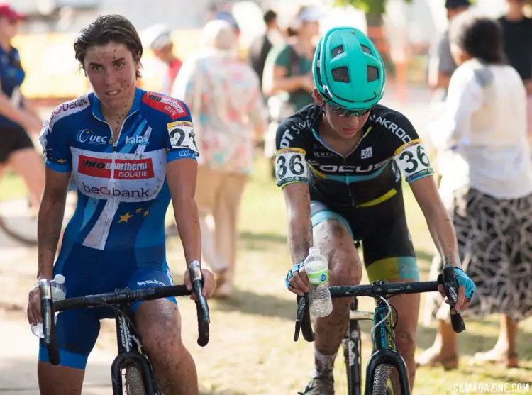 Sanne Cant and Sidney McGill attempt to quickly rehydrate after the 2016 Jingle Cross World Cup. © A. Yee / Cyclocross Magazine