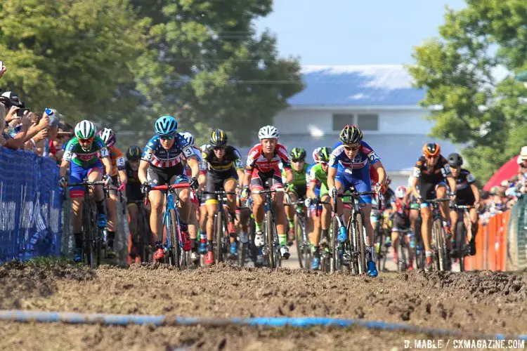 The women exit the pavement onto the mud. 2016 Jingle Cross World Cup, Elite Women. © D. Mable / Cyclocross Magazine