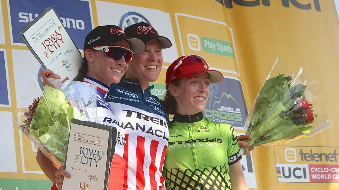 2016 Jingle Cross World Cup, Elite Women's podium: L to R: Caroline Mani, Katie Compton, Kaitie Antonneau. © D. Mable / Cyclocross Magazine