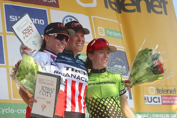 2016 Jingle Cross World Cup, Elite Women's podium: L to R: Caroline Mani, Katie Compton, Kaitie Antonneau. © D. Mable / Cyclocross Magazine