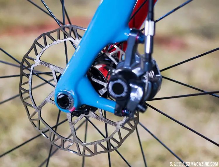 KCNC Razor 140mm rotors save weight on dry days. Katie Compton's Trek Boone at CrossVegas 2016 and JingleCross. © C. Lee / Cyclocross Magazine