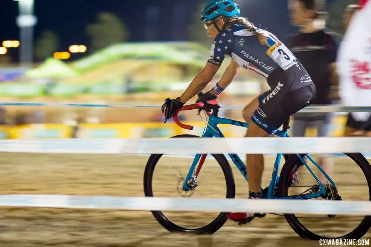 Katie Compton on her way to a sprint for the win at CrossVegas. She woul finish third. CrossVegas 2016 and JingleCross. © A. Yee / Cyclocross Magazine