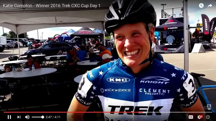 Katie Compton after her Day 1 win at the 2016 Trek CXC Cup in Waterloo.