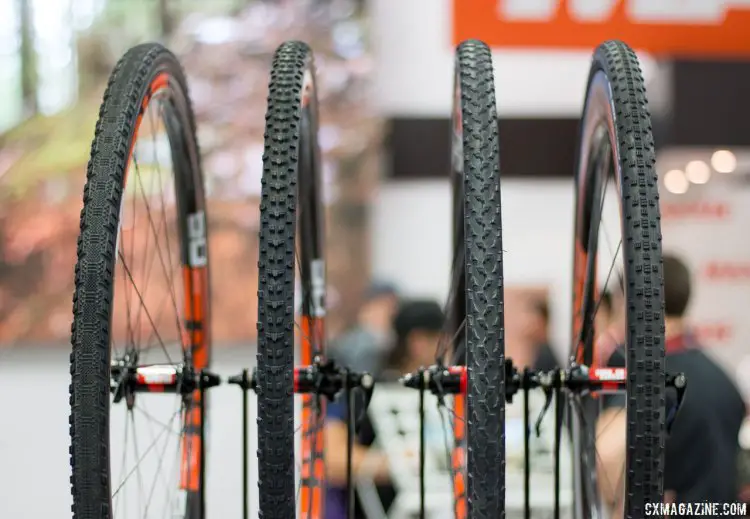 Maxxis cyclocross tires. Three of the four of these are new - with the Speed Terrane, All Terrane, Mud Wrestler (not new) and the new Raze tubular. Interbike 2016 © Cyclocross Magazine