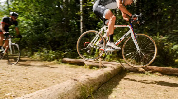 Some racers chose flight over dismounting at the 2016 MFG Cyclocross Race #1 - Lake Sammamish © Geoffrey Crofoot