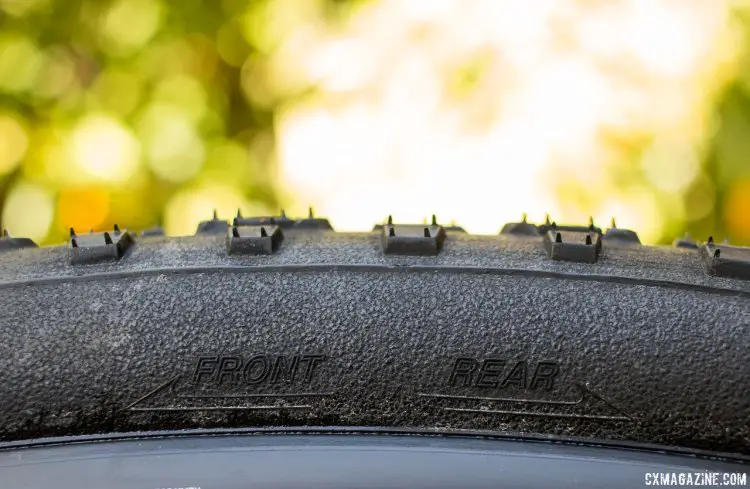 Panaracer Regacross 35c tubeless cyclocross tire is directional, although the tread is nearly symmetrical, with the exception of the ramps on the knobs and one of the center knobs. © Cyclocross Magazine