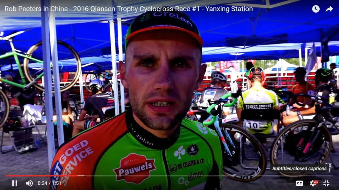 Rob Peeters talks with Cyclocross Magazine after his UCI C1 win on Day 1 of the 2016 Qiansen Trophy event.