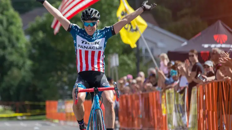 Compton returns to a familiar position and salute. 2016 Trek CXC Cup Day 1 Elite Women. © Wil Mathews