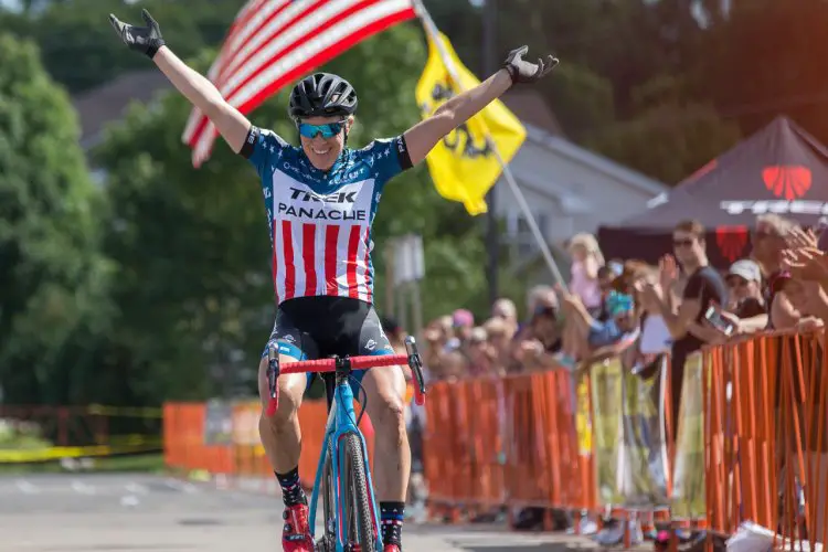 Compton returns to a familiar position and salute. 2016 Trek CXC Cup Day 1 Elite Women. © Wil Mathews