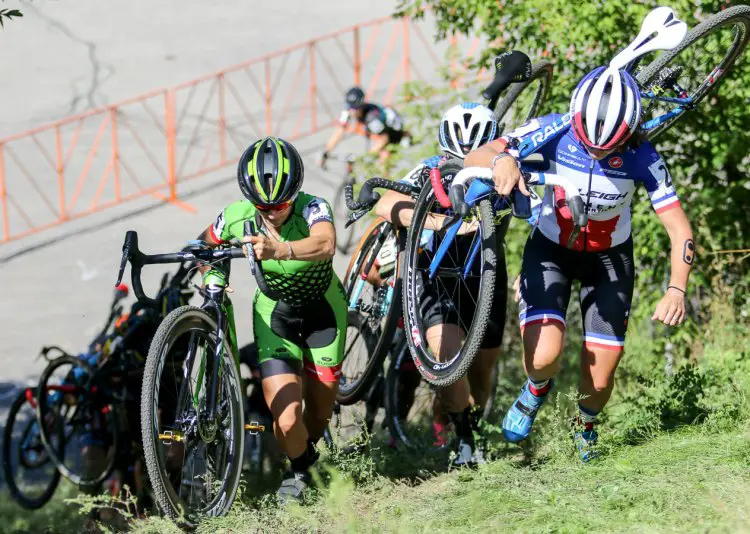 Caroline Mani leads Antonneau and the field up the steep run-up. Elite Women, 2016 Trek CXC Cup Day 2. © Jeff Corcoran