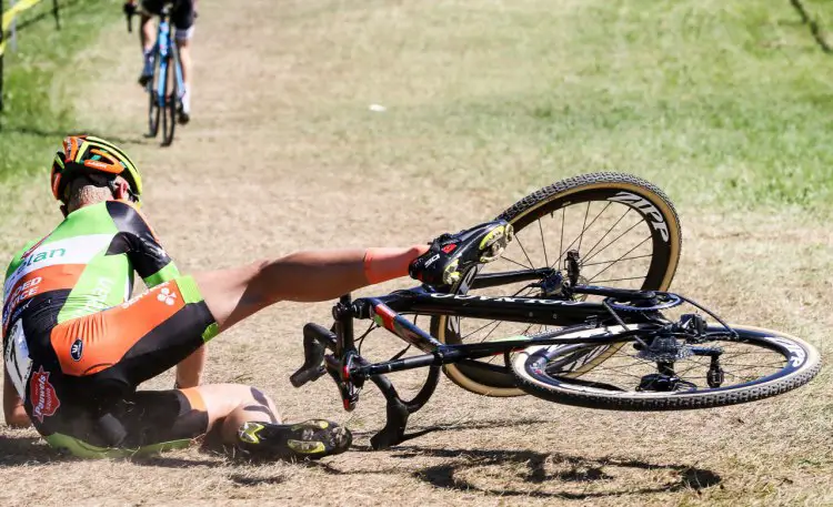 There wasn't any mud, but the dry grass corners were still slippery causing Tim Merlier to hit the deck. Elite Men, 2016 Trek CXC Cup Day 2 © Jeff Corcoran