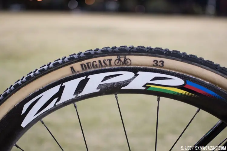 Van Aert ran Andre Dugast Typhoon 33c tubulars with roughly 22.5 psi in the front and 24.7 psi in the rear. Zipp 303 Firecrest wheels were the wheel of choice. © C. Lee / Cyclocross Magazine