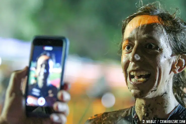 Wyman gets being interviewed by a fan with a phone in portrait mode after her UCI C2 win. 2016 Jingle Cross Day 1 Cyclocross Night Race. © D. Mable / Cyclocross Magazine