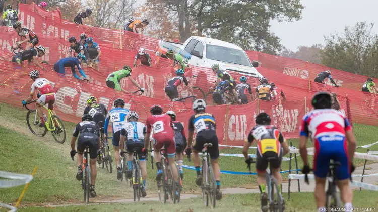 The famous "camel hump" at Kings CX turned treacherous after the first lap from repeated rain showers. © Kent Baumgardt