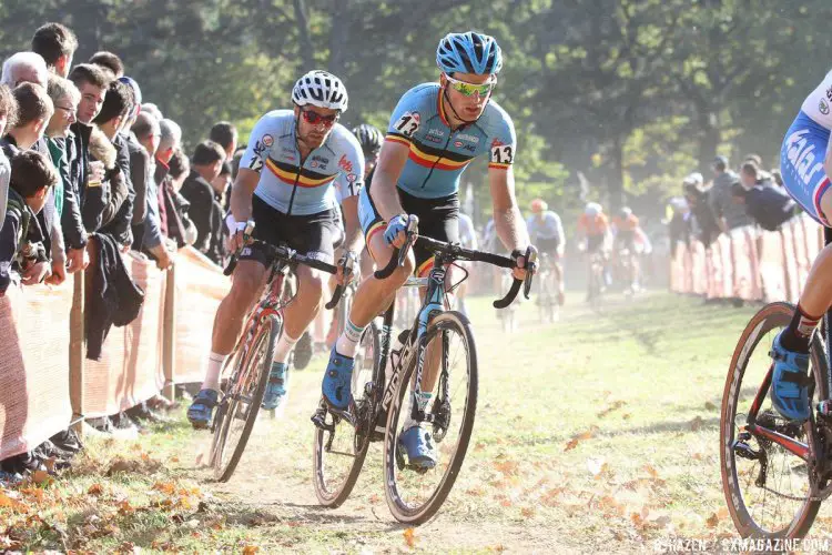 Klaas Vantornout navigating the dust. Interesting to see the different shades of the Belgian jerseys. Elite Men, 2016 European Cyclocross Championships UEC. © B. Hazen / Cyclocross Magazine